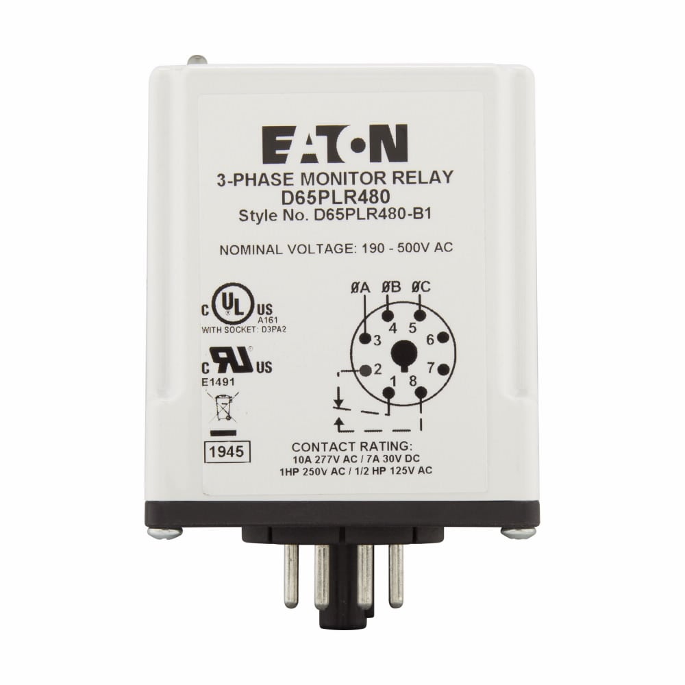 D65PLR480 Reversal Phase Loss Monitoring Relay, 240/480 V AC, 10 A, 8 Pin, SPDT Contact