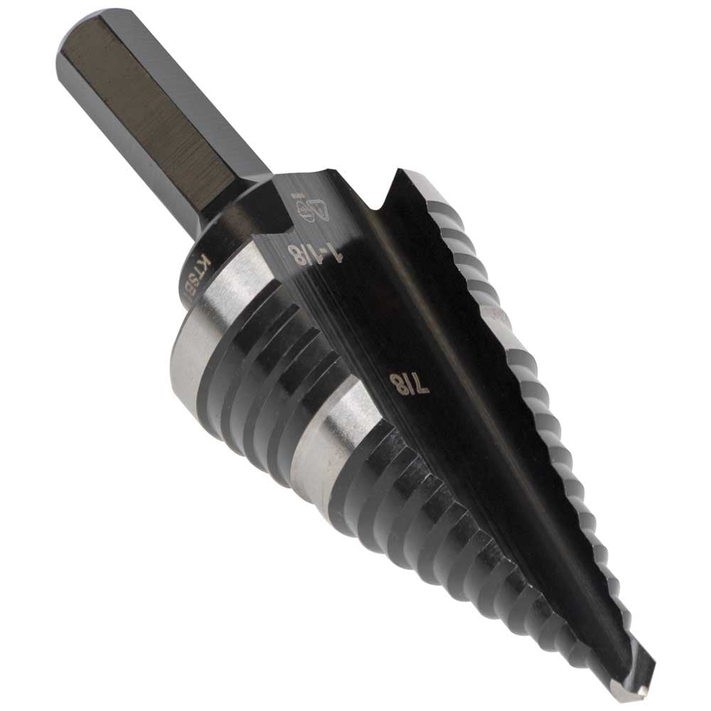 KTSB11 Step Drill Bit, 7/8 in Dia Min Hole, 1-1/8 in Dia Max Hole, 2 Steps, High Speed Steel, 2 Hole Sizes, 3/8 in Shank