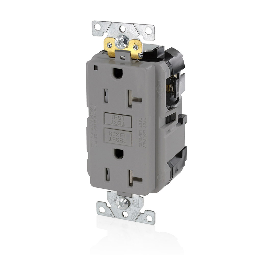 MGFT2-GY SmartlockPro Slim Feed-Through Self-Test Tamper-Resistant GFCI Receptacle, 125 V AC, 20 A, 2 Poles, 3 Wires, Gray