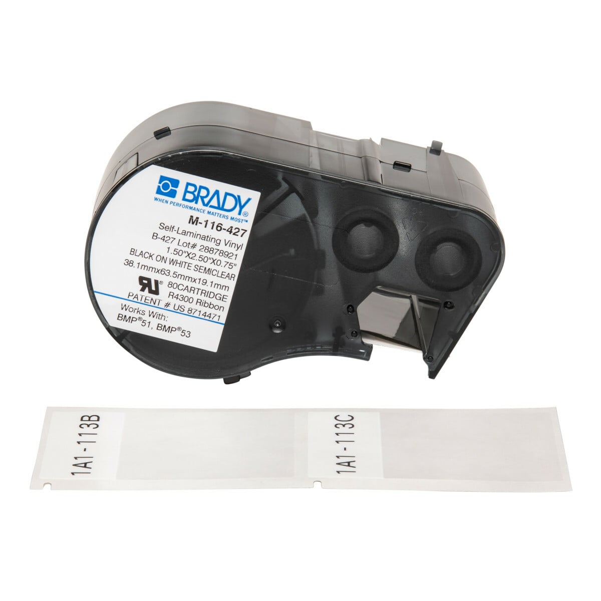 M-116-427 M Series Rectangular Label Marker Cartridge, 2-1/2 in L x 1-1/2 in W, For Use With BMP 51 and BMP 53 Label Maker, B-427 Vinyl, Black on Clear/White