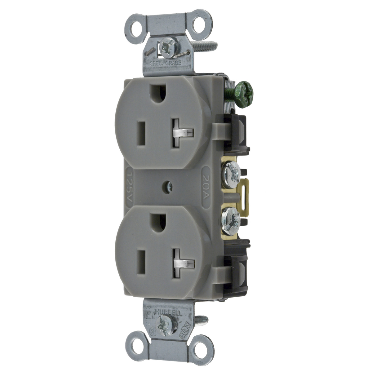 BR20GRYTR 1-Phase Duplex Standard Tamper-Resistant Traditional Screw Mount Straight Blade Receptacle, 125 V AC, 20 A, 2 Poles, 3 Wires, Gray