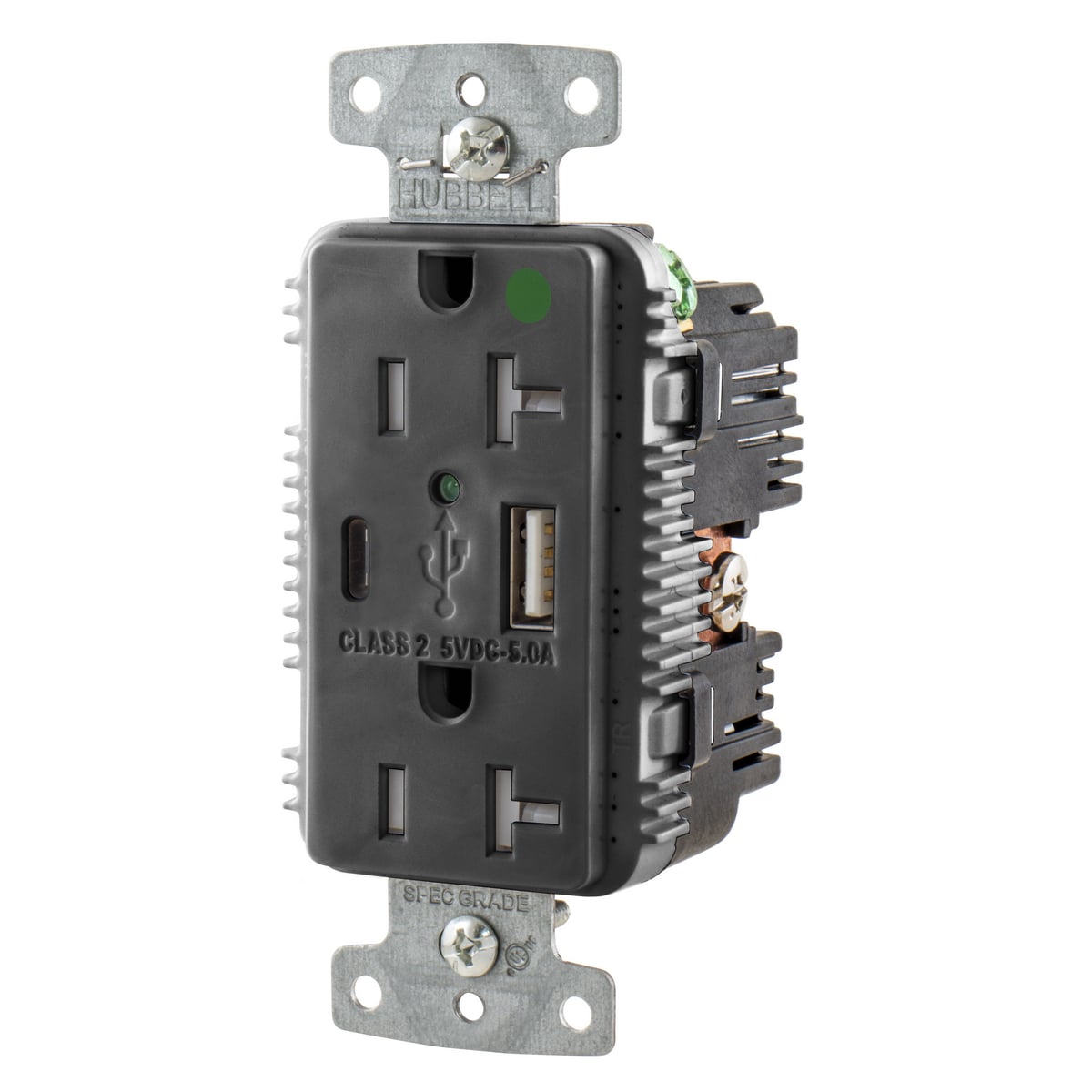 USB8300AC5BK Duplex Grounding Tamper-Resistant Standard USB Charger Receptacle With Green LED, 125 V AC, 20 A, 1 hp, 2500 W, 1 Phase, 2 Poles, 3 Wires, Black