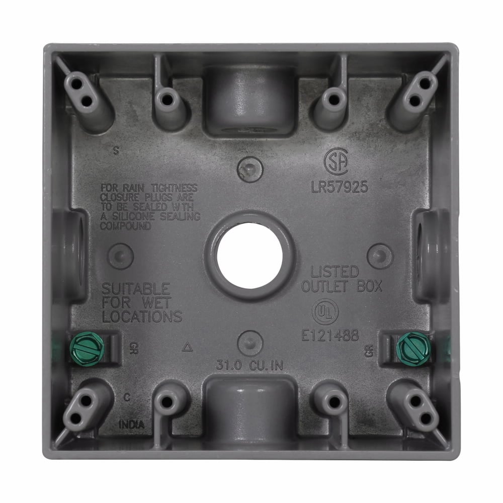 TP7122 Weatherproof Outlet Box, Die-Cast Aluminum, 30.5 cu-in Capacity, 2 Gangs, 5 Outlets, 5 Knockouts, 4-5/8 in W x 2-1/16 in D x 4-9/16 in H
