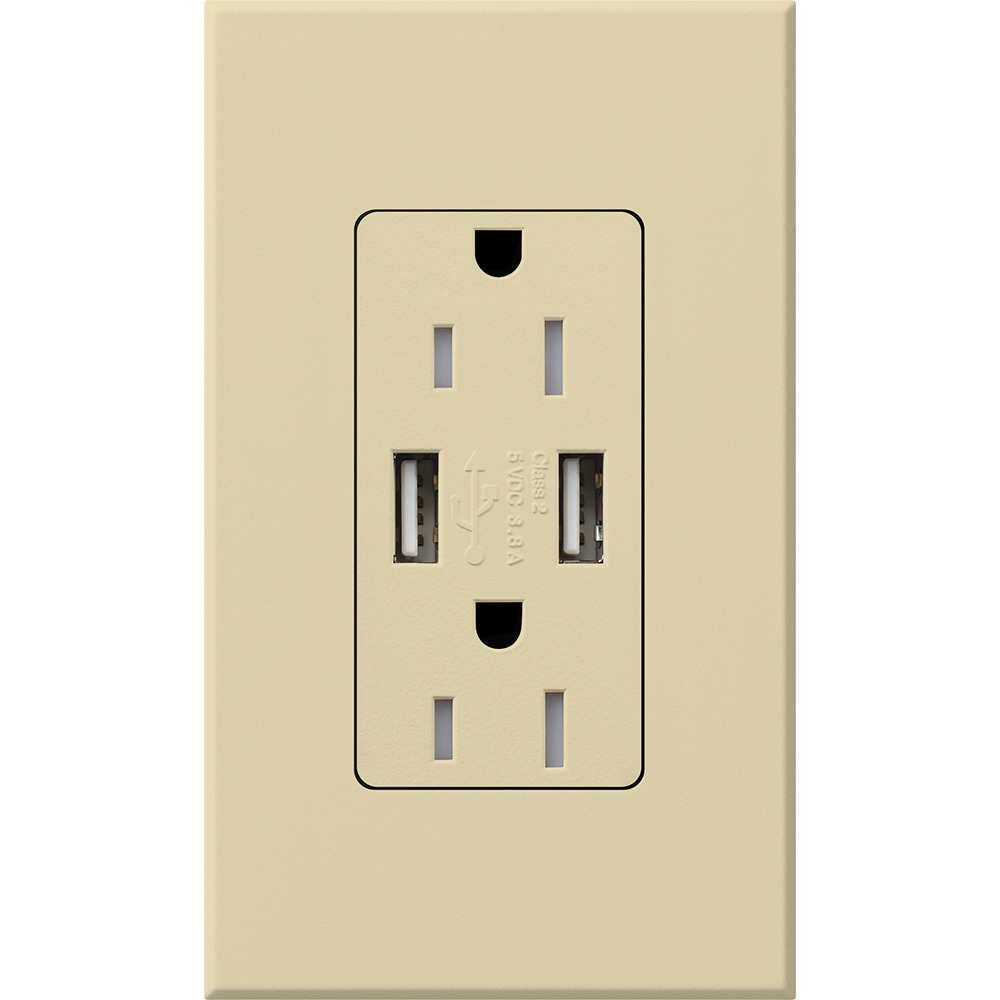 NTR-15-UBTR-IV Architectural  Tamper-Resistant USB-A Duplex Receptacle with Wall Plate, 15 Amp, Self-Testing, Matte, Ivory