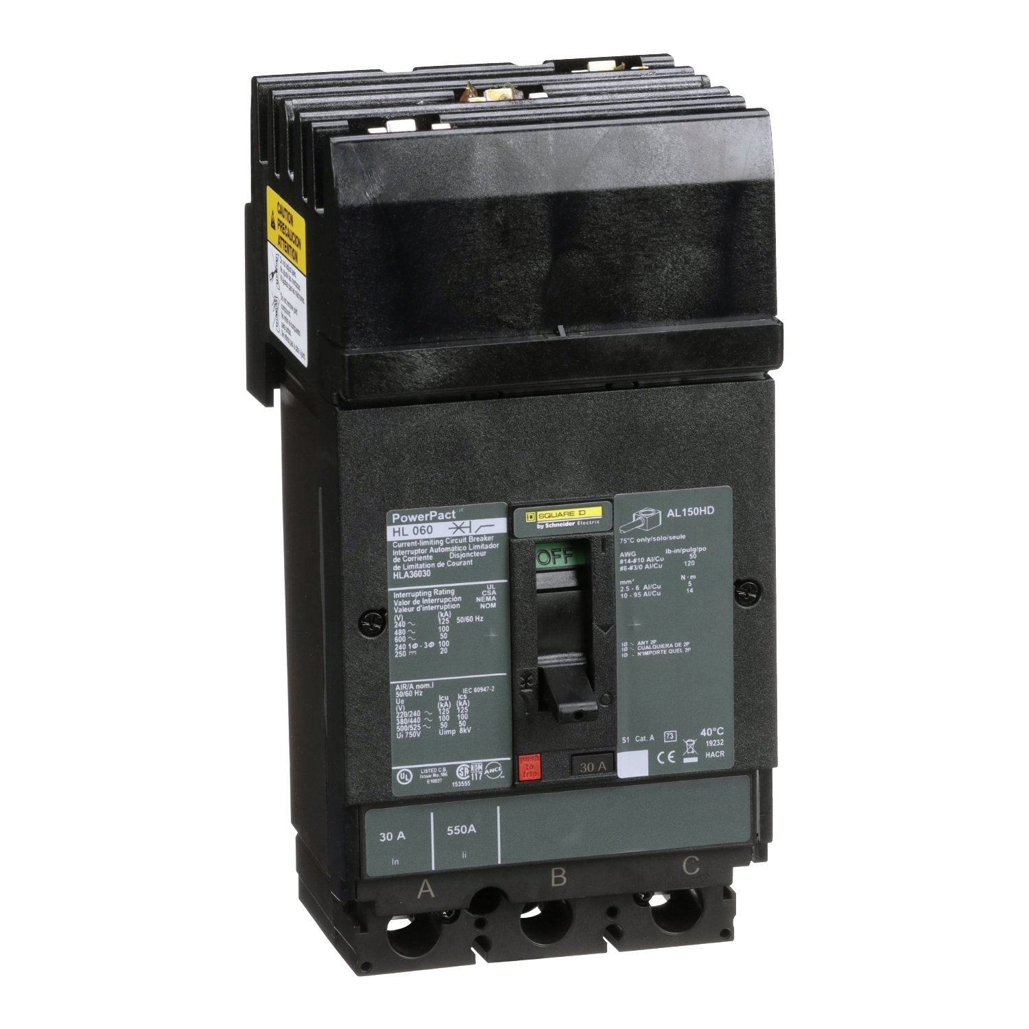 HLA36030 I-Line PowerPact Type HLA Molded Case Circuit Breaker, 600 V AC/250 to 500 V DC, 30 A, 125 kA at 240 VAC/100 kA at 480 VAC/50 kA at 600 VAC/20 kA at 250 VDC/50 kA at 500 VDC Interrupt, 3 Poles, Thermal Magnetic Trip