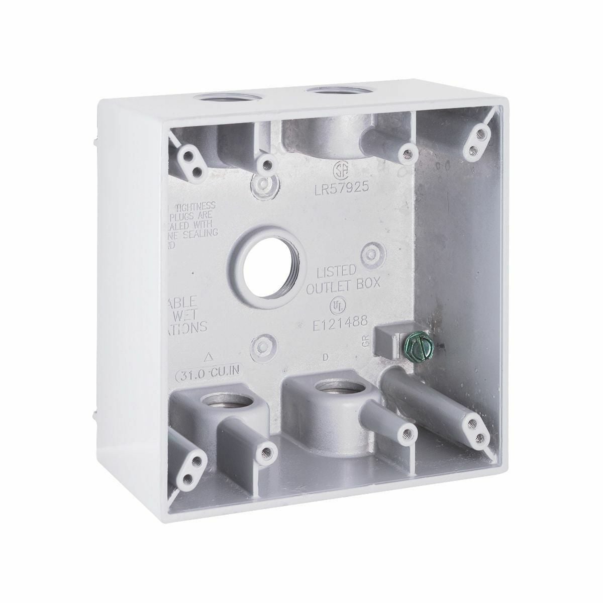 5337-1 Weatherproof Outlet Box, Die Cast Aluminum, 31 cu-in Capacity, 2 Gangs, (5) Outlets, 4-1/2 in H x 4-1/2 in W x 2-1/8 in D