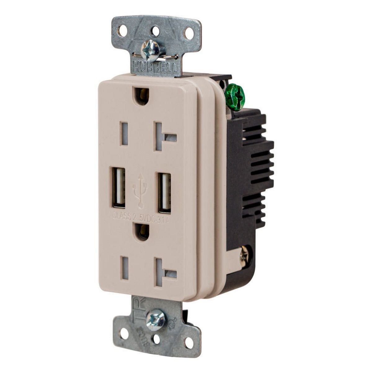 USB20ALA Hubbell-PRO Line Decorator Style USB Charger Duplex Receptacle, 20 A 125 V AC, 1 Phase, 2 Poles, 3 Wires, Light Almond