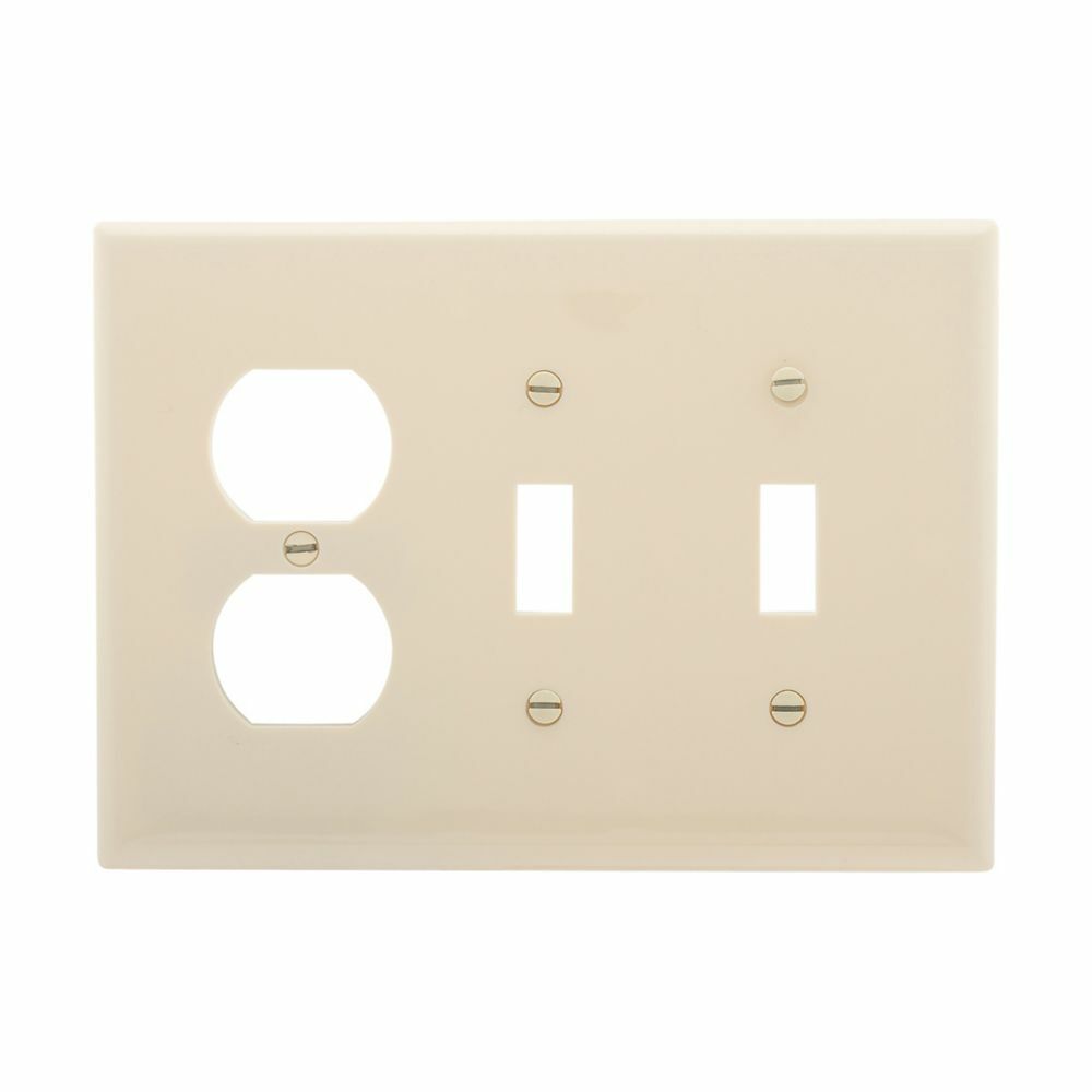 Eaton Combination wallplate, Almond, Toggle, Toggle, Duplex receptacle Cutout, Polycarbonate, Three- gang, Mid-size