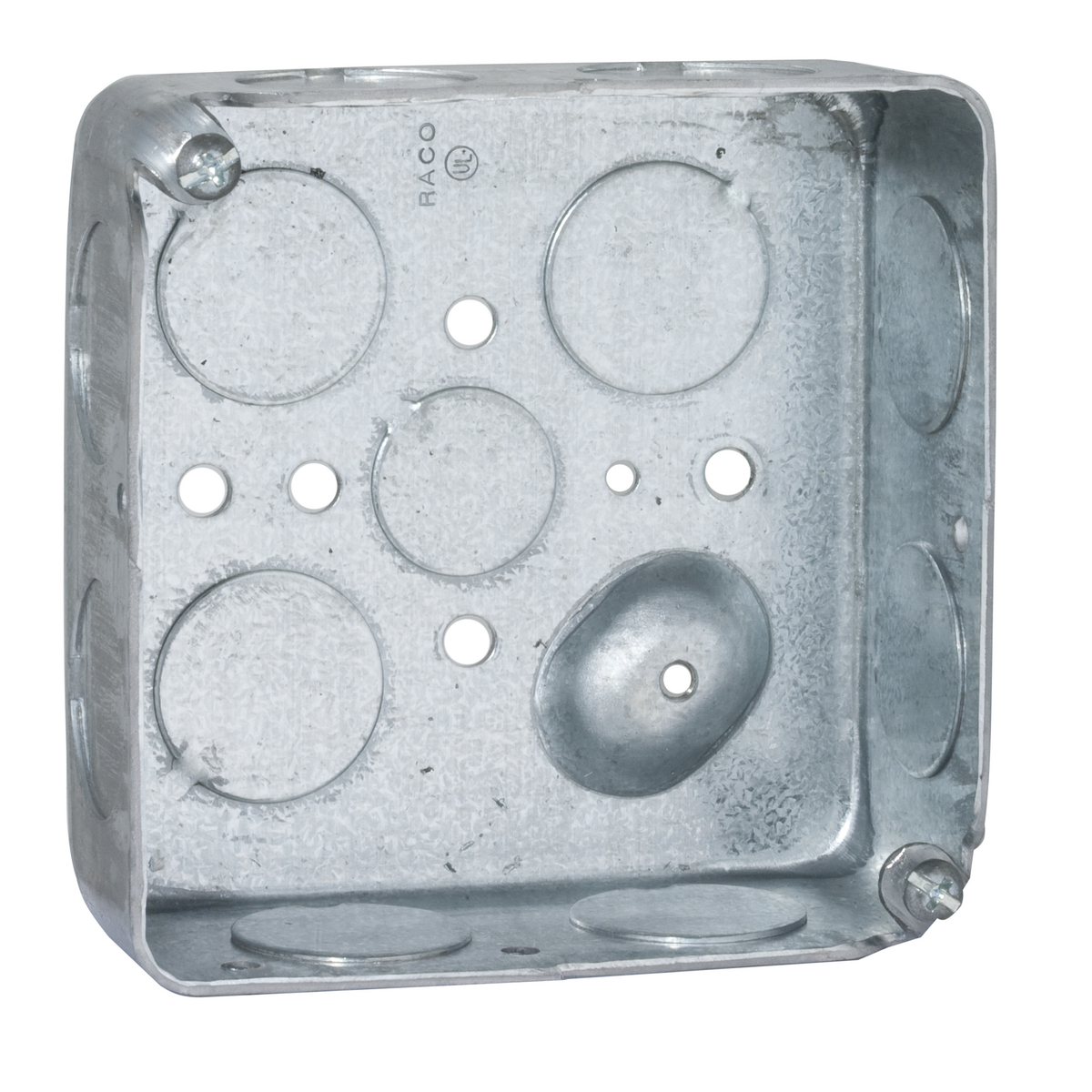 191 Square Box, Steel, 21 cu-in Capacity, (12) Knockouts, 4 in H x 4 in W x 1-1/2 in D