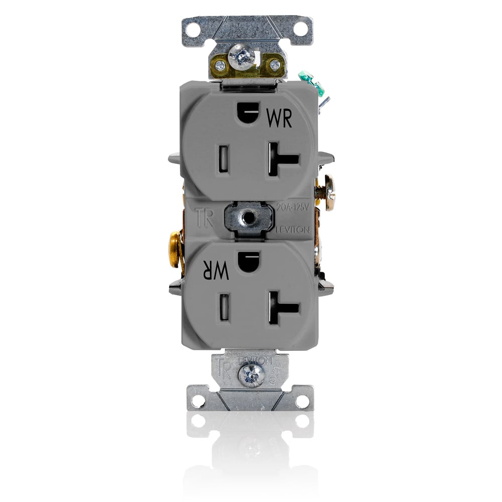 TWR20-GY Duplex Heavy Duty Tamper and Weather Resistant Straight Blade Receptacle, 125 V AC, 20 A, 2 Poles, 3 Wires, Gray
