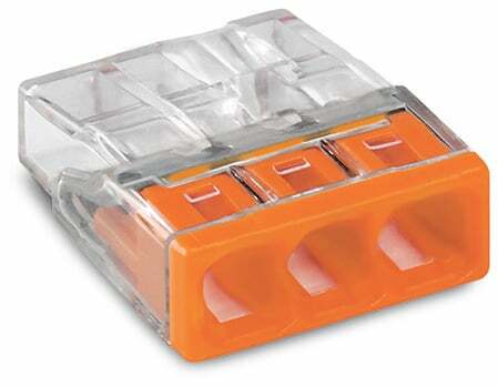 3-wire splicing connector - Wago (2273 series) - for 0.5mm2...2.5mm2 / for #20AWG...#16AWG - Rated current (IEC) 24A - Transparent housing / Orange cover color - with PUSH WIRE spring connections