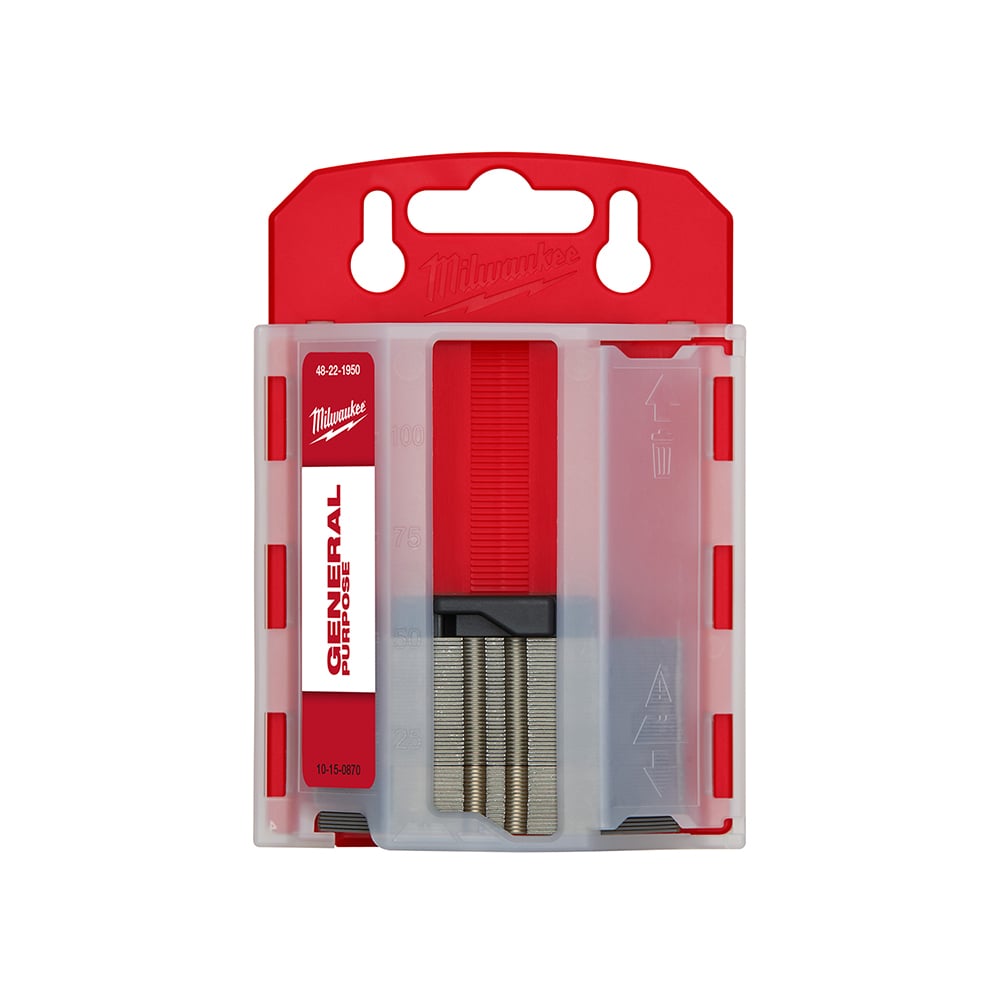 48-22-1950 50-Piece General Purpose Utility Blade With Dispenser, Micro Carbide Metal, Sharp Point/Straight Edge, 2-3/8 in L x 3/4 in W Blade, Compatible With: Most Standard Utility Knives, 0.025 in THK