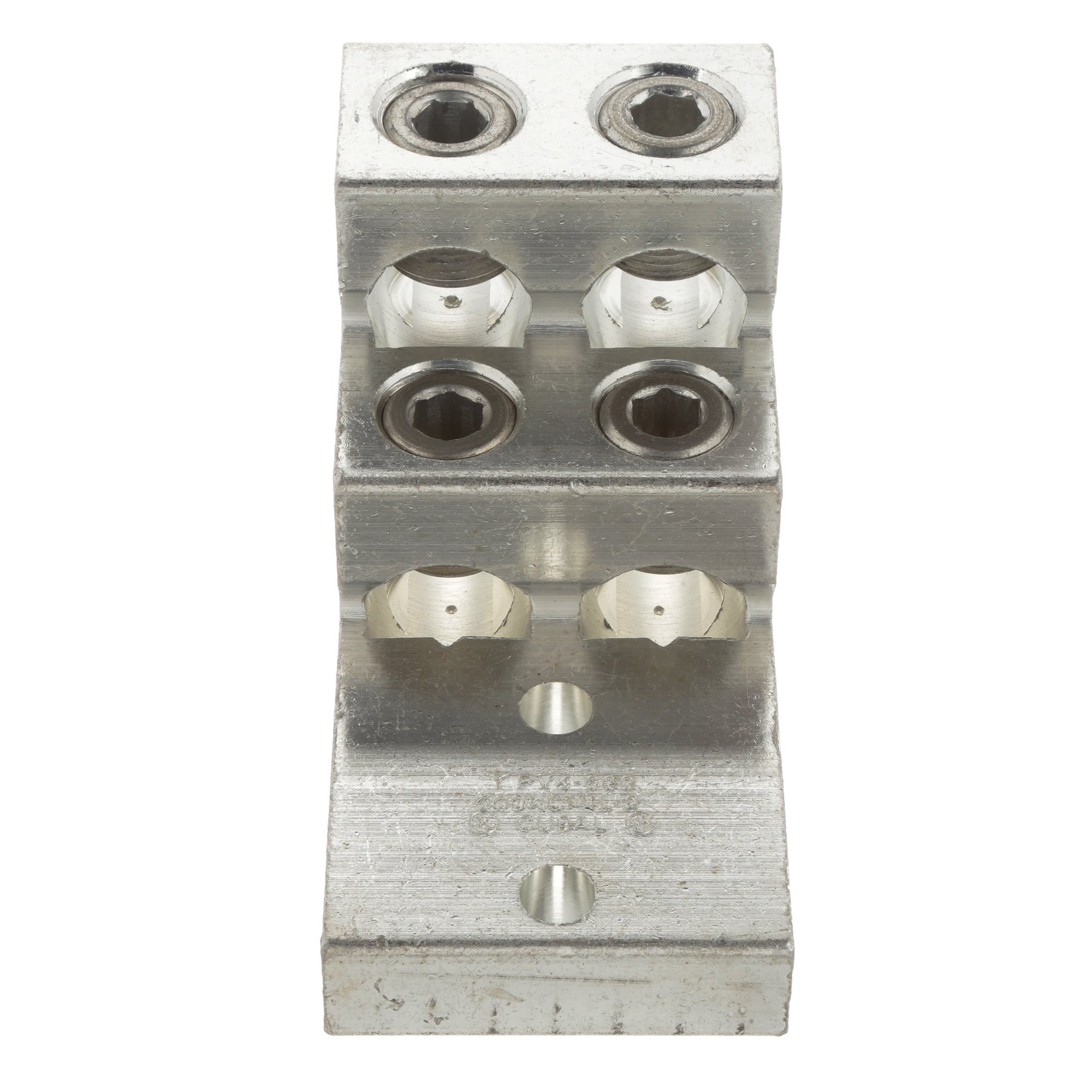 LAM4SB600-38-1Y Pan-Lug 4-Barrel Vertical Mechanical Connector Lug, 2 AWG to 600 kcmil Aluminum/Copper/Stranded Conductor, 3/8 in Stud, 2 Bolt Holes, Aluminum