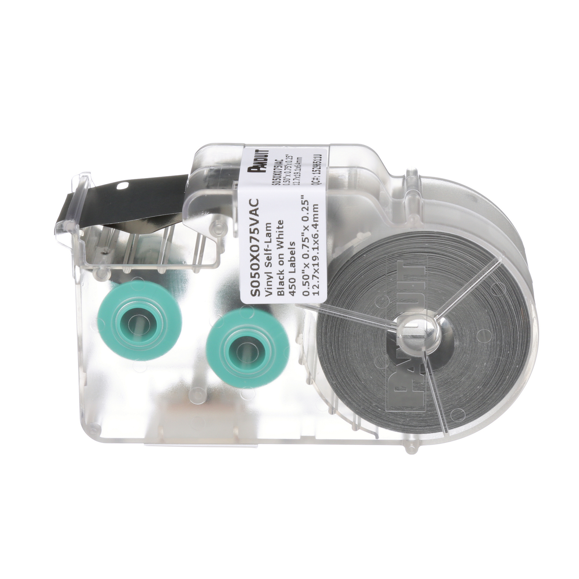 S050X075VAC P1 Self-Laminating Label Cassette, 3/4 in L x 1/2 in W, Clear/White, Vinyl