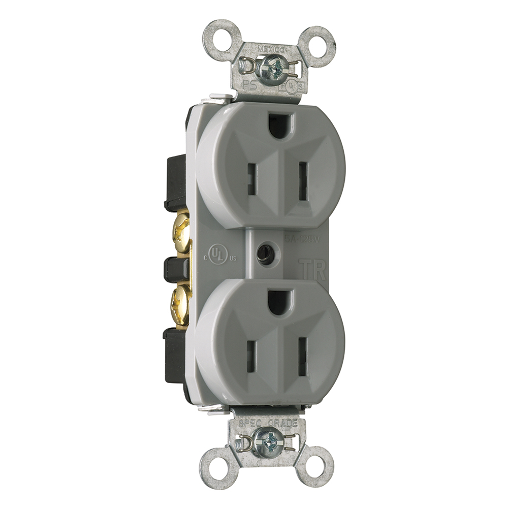 TR5262GRY 15 Amp 125V Construction Spec-Grade Duplex Receptacle, Back and Side Wire, Gray