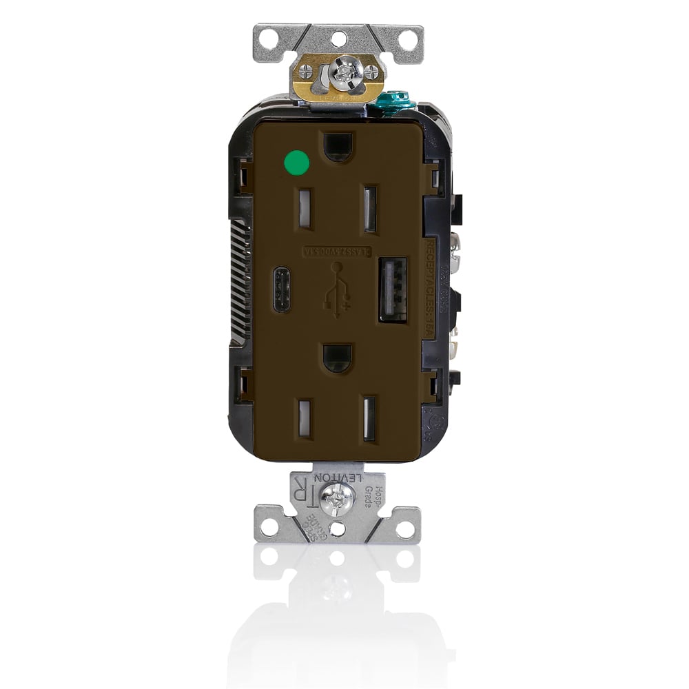 T5633-HG Heavy Duty Combination USB Charger/Duplex Receptacle, 15 A, 125 V AC, 25 W, 2 Poles, 3 Wires, Brown