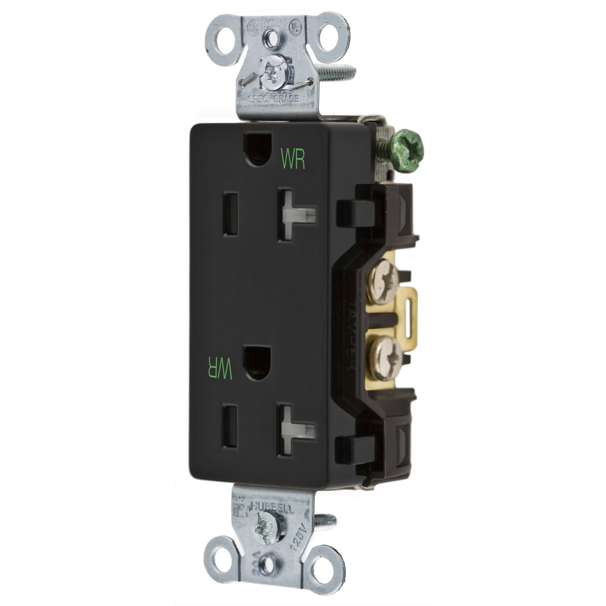 DR20BLKWRTR 1-Phase Decorator Duplex Standard Tamper/Weather-Resistant Screw Mount Straight Blade Receptacle, 125 V AC, 20 A, 2 Poles, 3 Wires, Black