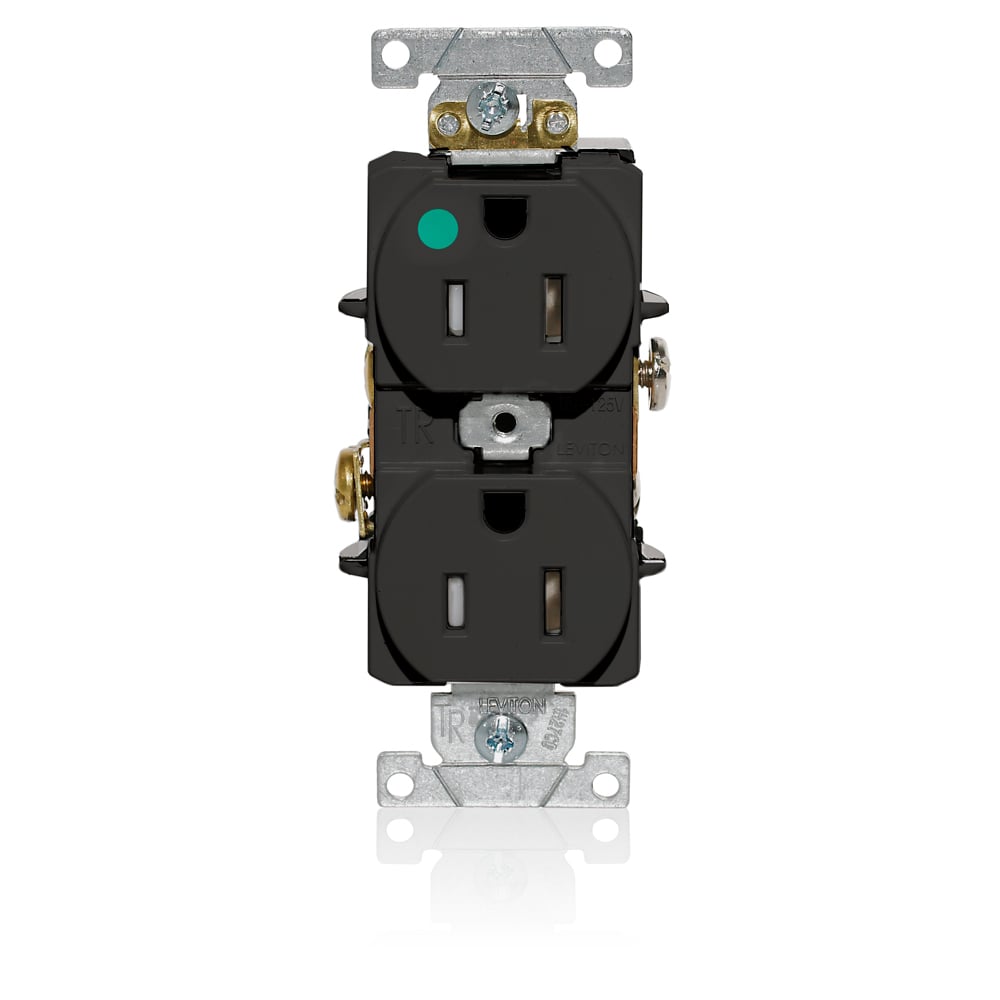 T8200-E T8200 Duplex Flat Smooth Face Heavy Duty Self-Grounding Standard Tamper-Resistant Straight Blade Receptacle, 125 V AC, 15 A, 2 Poles, 3 Wires, Black