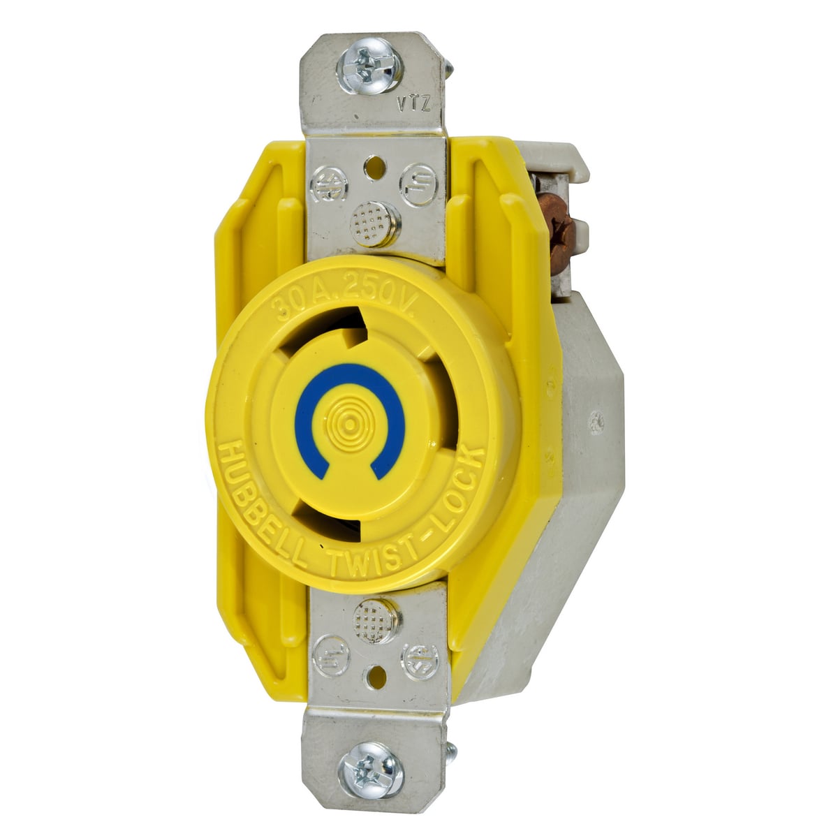 HBL26CM20 1-Phase Corrosion Resistant Grounding Standard Screw Mount Locking Receptacle, 250 V AC, 30 A, 2 Poles, 3 Wires, Yellow
