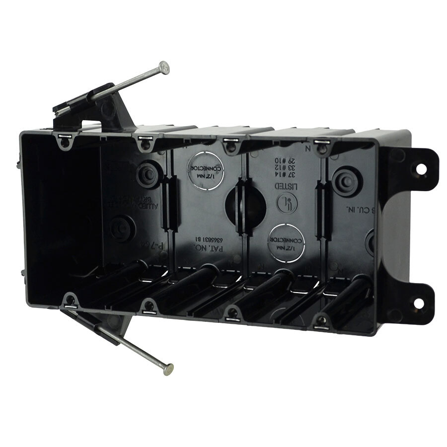 FlexBox; 4-Gang Switch/Receptacle Outlet Box; Angler Mid Nails, 3-1/4 Inch Depth, Thermoplastic, 74.8 Cubic-Inch, Black