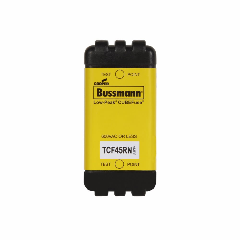 Eaton Bussmann series TCF fuse, 45 A, 60 Hz, 50 Hz, Dual, CF, Black, Non-indicating, Blade end, Time delay,Class CF, 10 sec at 500%, 100 kAIC at 300 Vdc,300 kAIC at 600 V, Glass filled PES, 35 mm DIN rail,Chassis, 600 V, 300 Vdc