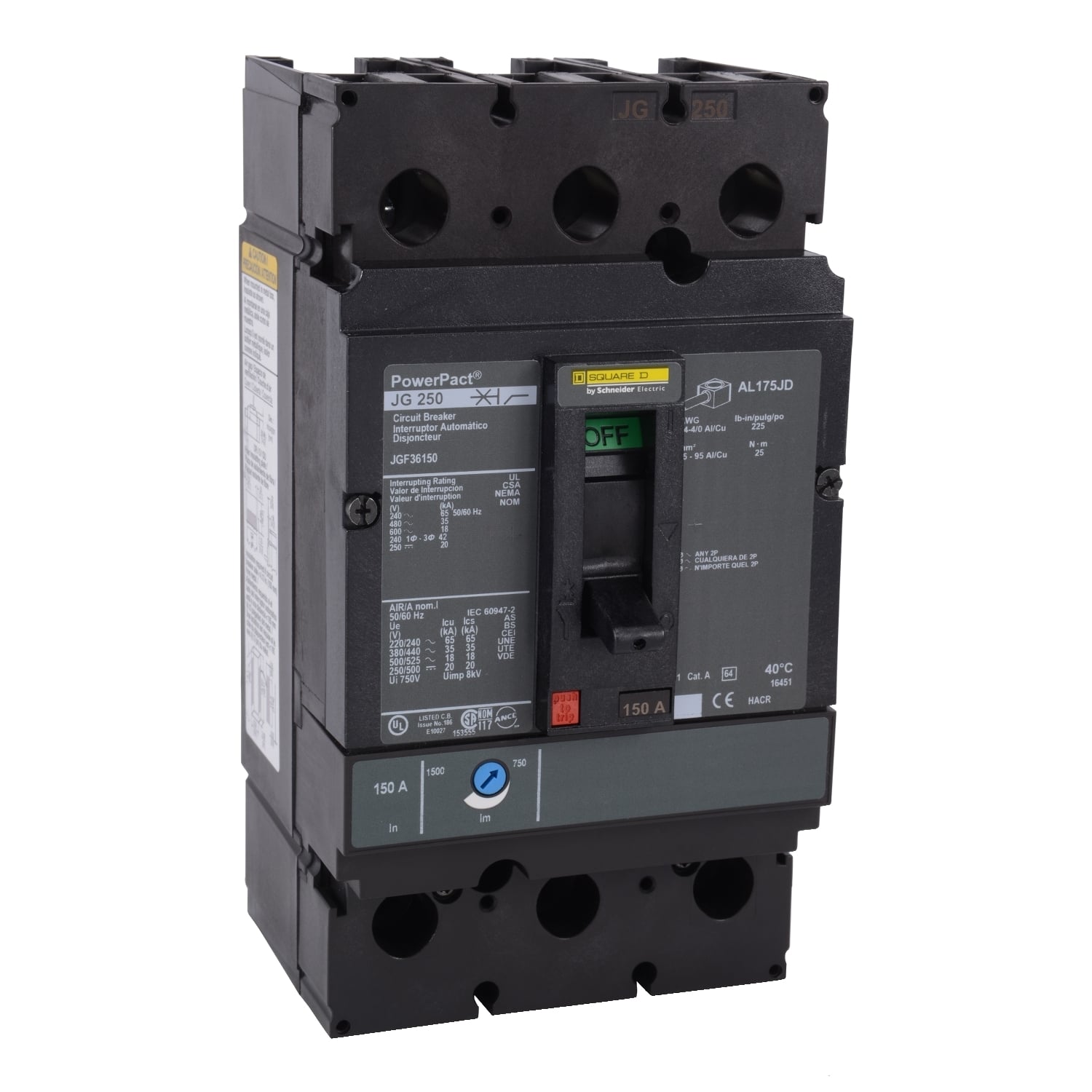 JJF36250 PowerPact Molded Case Circuit Breaker, 600 V AC, 250 A, 100 kA at 240 V AC/65 kA at 480 V AC/25 kA at 600 V AC/20 kA at 250 VDC Interrupt, 3 Poles, Thermal Magnetic Trip