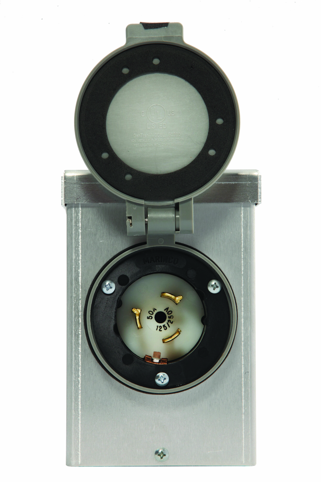 6347 50 Amp Power Inlet Box, 125/250V, aluminum, NEMA CS6365 with spring-loaded flip lid on front