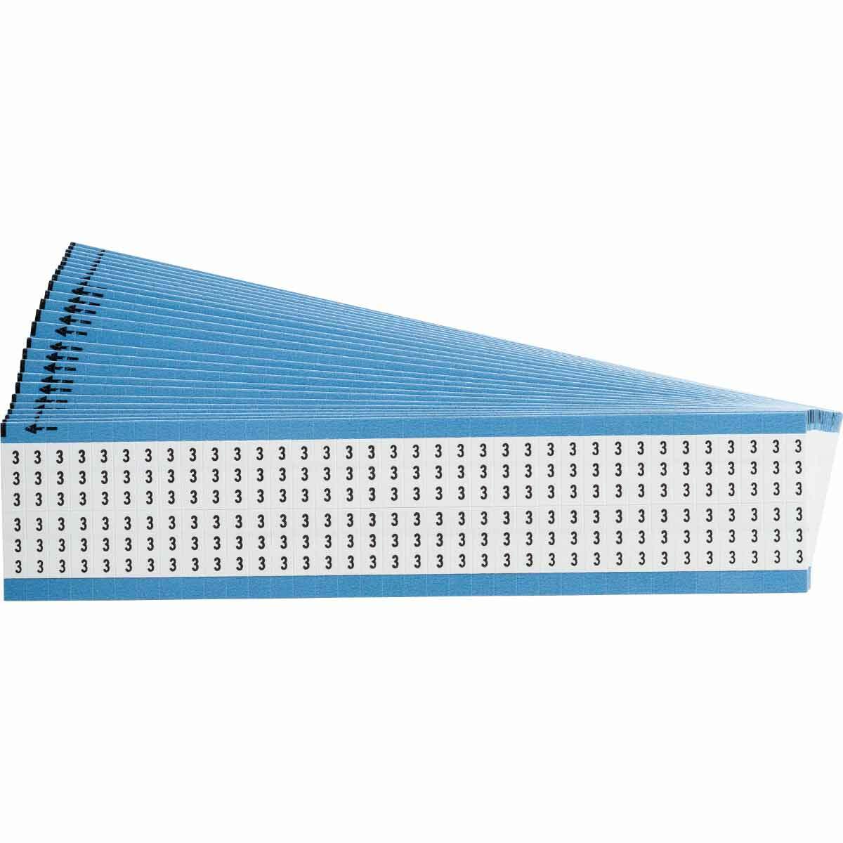 WM-3-SC-PK WM Series Die-Cut Pre-Printed Solid Number Wire Marker Card, 3/4 in L x 1/4 in W, Black on White, B-500 Repositionable Vinyl Coated Fabric, 72 Markers per Card