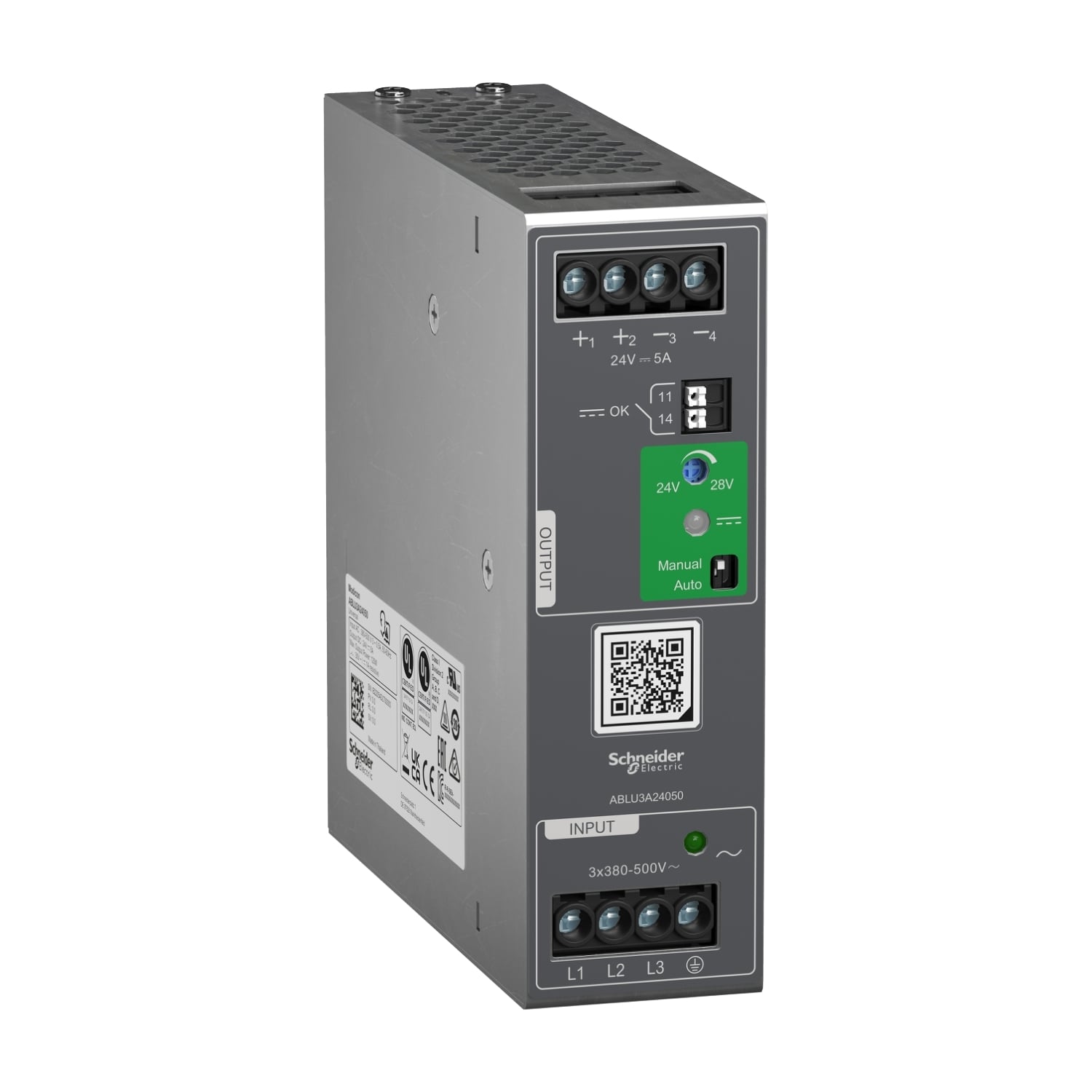 ABLU3A24050 Regulated Power Supply, 380 to 500 V AC Input, 24 VDC Output, 120 W Power Rating, 5 A, DIN Rail Mounting