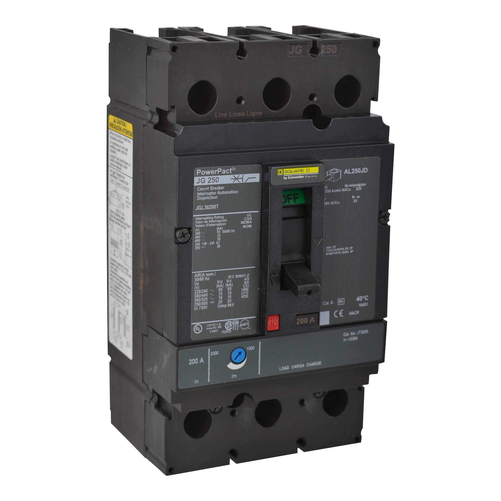 JGL36200T PowerPact 80% Rated Molded Case Circuit Breaker, 600 V AC, 200 A, 65 kA at 240 V AC/35 kA at 480 V AC/18 kA at 600 V AC/20 kA at 250/500 VDC Interrupt, 3 Poles, Thermal Magnetic Trip