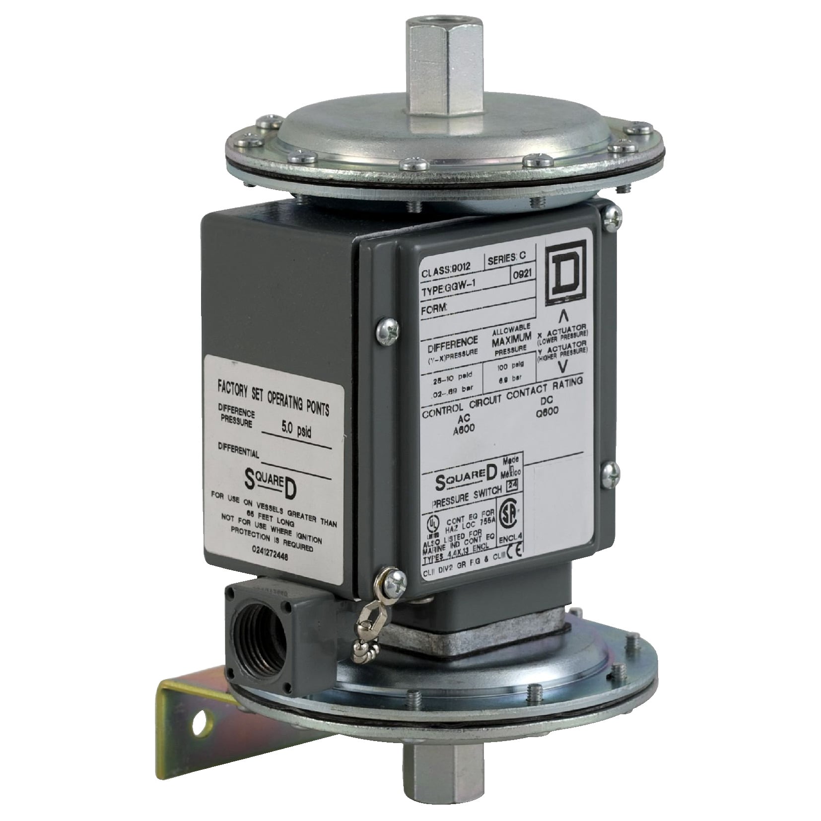 9012GGW1Z Low Pressure Electromechanical Pressure Switch, 0 to 75 psi Pressure, 0.8 to 2 psi Differential, 1CO SPDT-DB Contact, Screw Clamp Connection