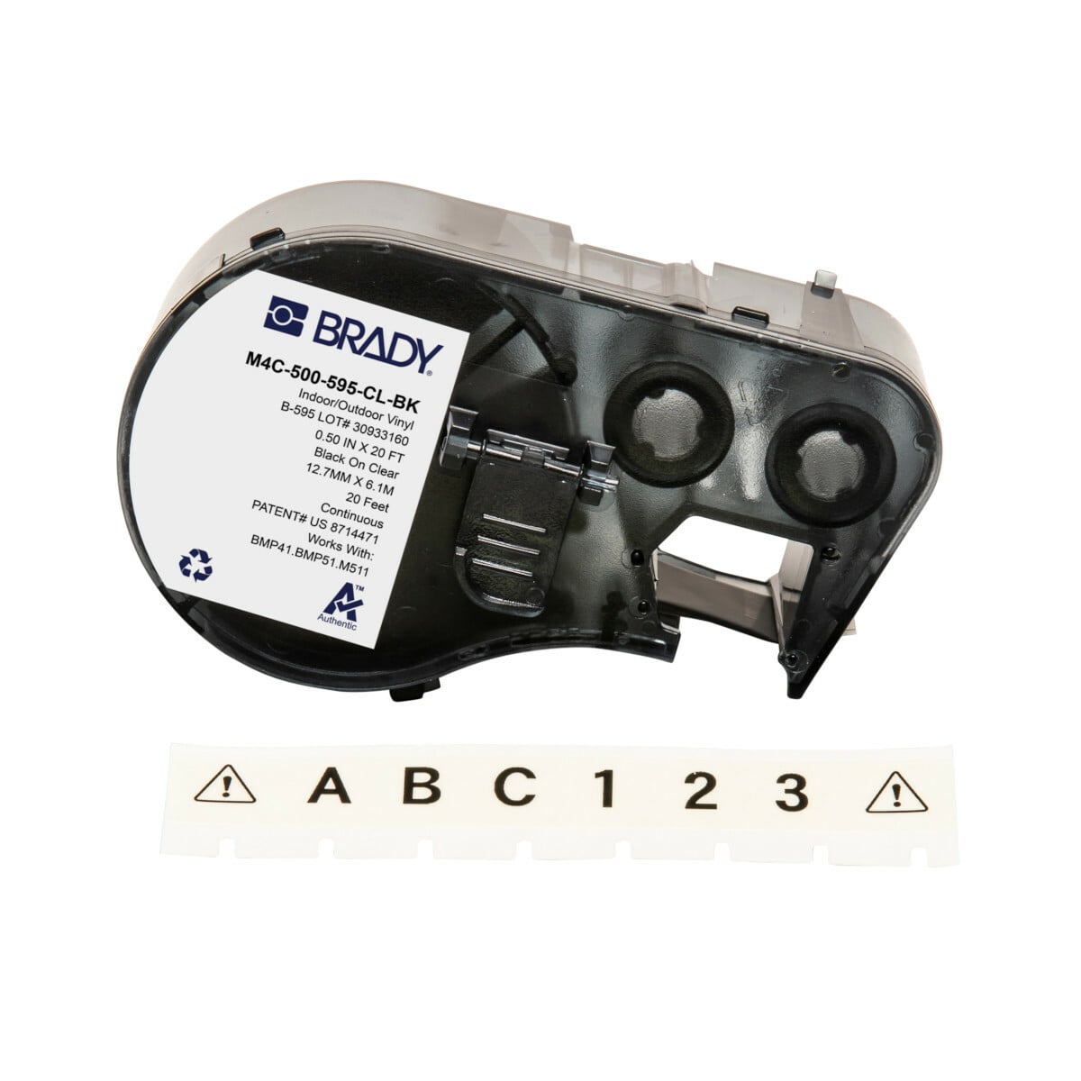 M4C-500-595-CL-BK General Permanent Adhesive, 20 ft L x 0.5 in W, Black on Clear, B-595 Vinyl