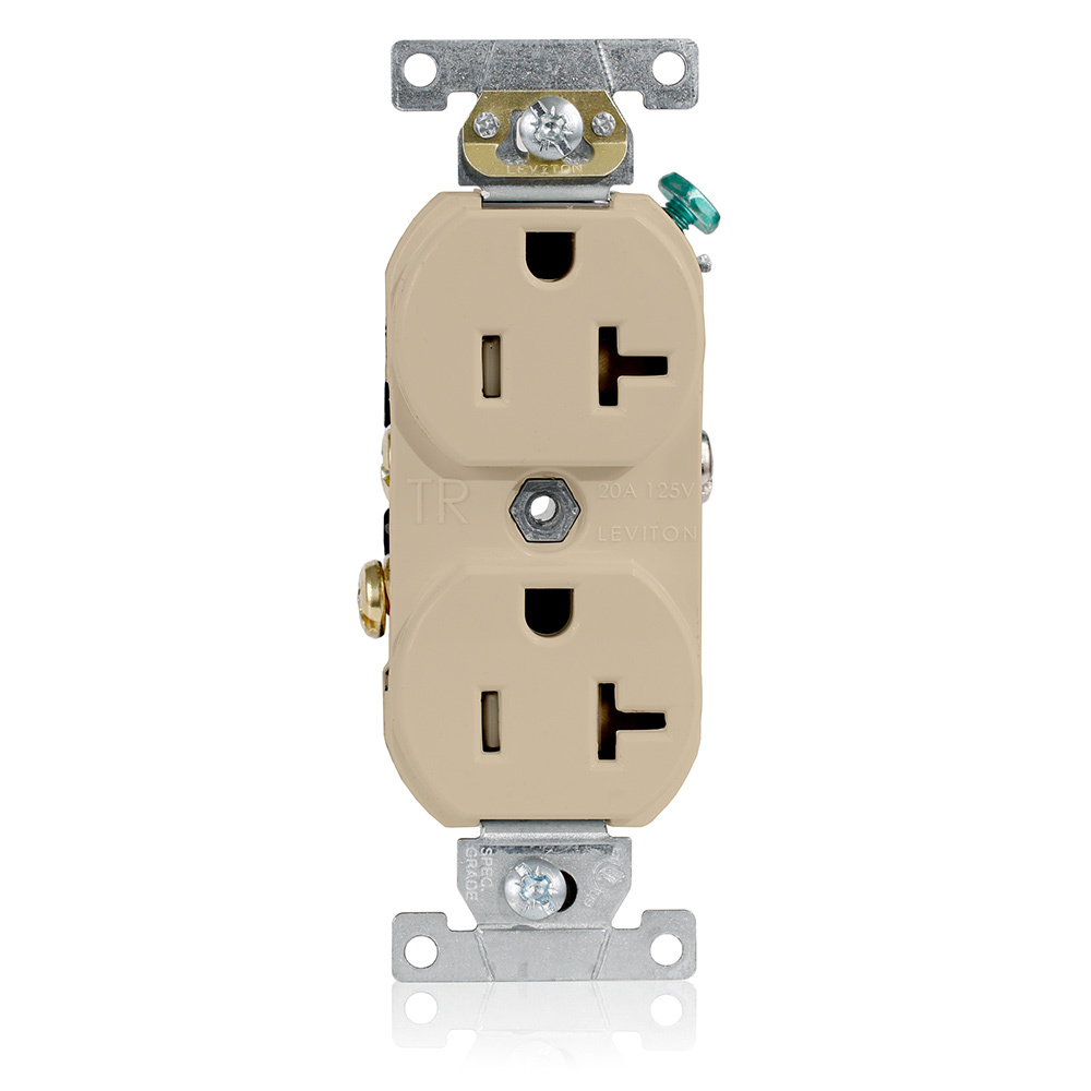 TBR20-I Duplex Tamper Resistant Straight Blade Receptacle, 125 V AC, 20 A, 2 Poles, 3 Wires, Ivory