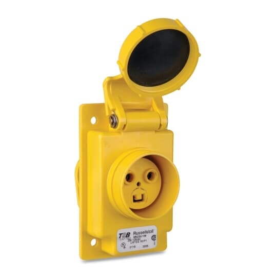 9R23U1W Russellstoll DuraGard Female Standard Watertight Waterproof Pin and Sleeve Receptacle, 125 V AC, 20 A, 2 Poles, 3 Wires