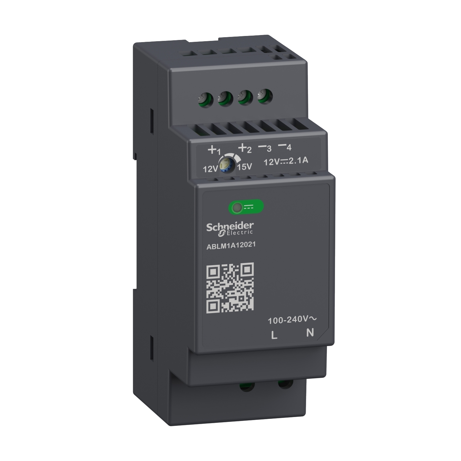 ABLM1A12021 Modicon 1-Phase Modular Regulated Power Supply, 100 to 240 V AC Input, 12 VDC Output, 25 W Power Rating, 2.1 A, DIN Rail Mount