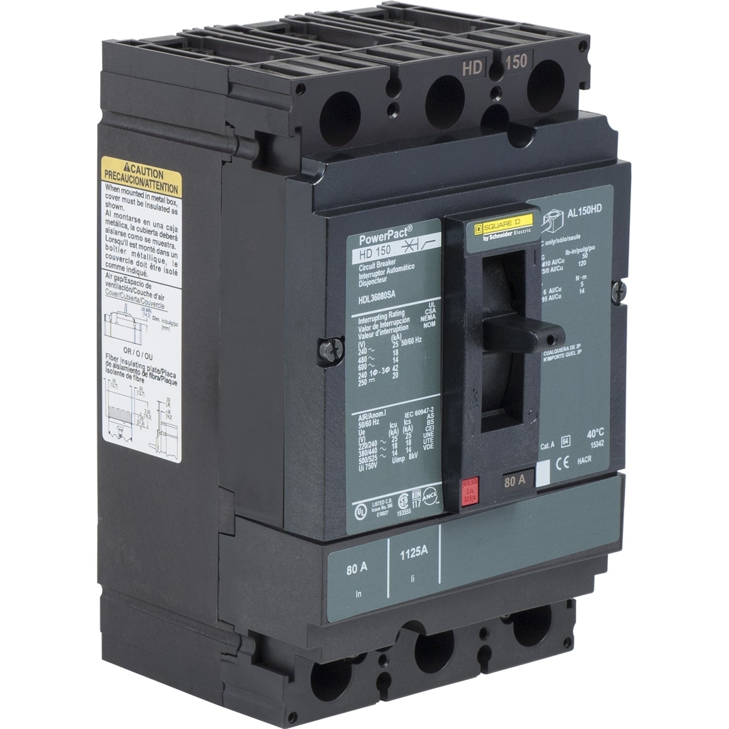 HDL36060SA I-Line PowerPact Type HDL H Molded Case Circuit Breaker, 600 VAC, 250 VDC, 60 A, 18/14/20/25 kA Interrupt, 3 Poles, Thermal Magnetic Trip