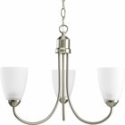 Three-light chandelier from Gather possesses a smart simplicity to complement today's home. Brushed Nickel metal arms descend upwards and curve sharply to prop white etched glass shades. Etched glass add distinction and provide pleasing illumination to your room. Coordinating fixtures from this collection let you decorate an entire home with confidence and style. 42 in of 9 gauge chain is supplied for ceiling chain mount.