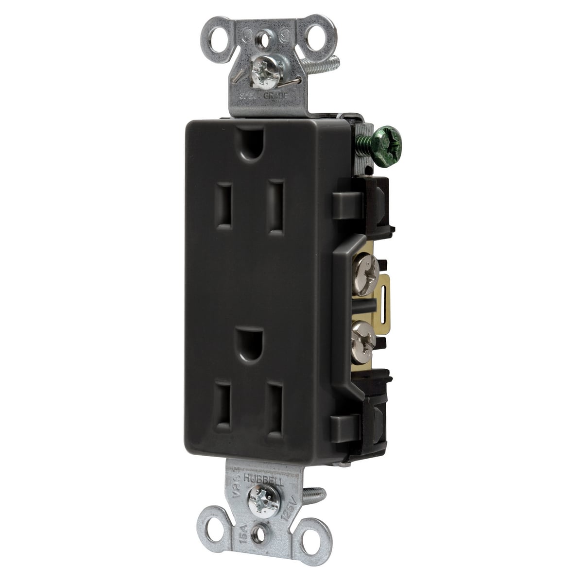 DR15BLK Decorator 1-Phase Duplex Self-Grounding Screw Mount Straight Blade Receptacle, 125 V AC, 15 A, 2 Poles, 3 Wires, Black