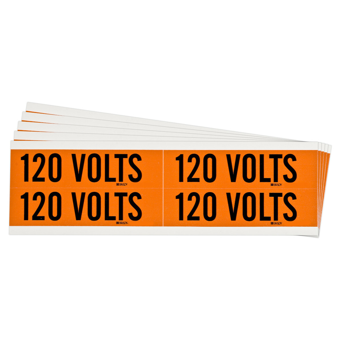 152349 CleanLift Repositionable Rectangle Self-Adhesive Style B Conduit and Voltage Label, 4-1/8 in W, 120 VOLTS Legend, Black Legend, Orange Background, B-498 Vinyl Cloth
