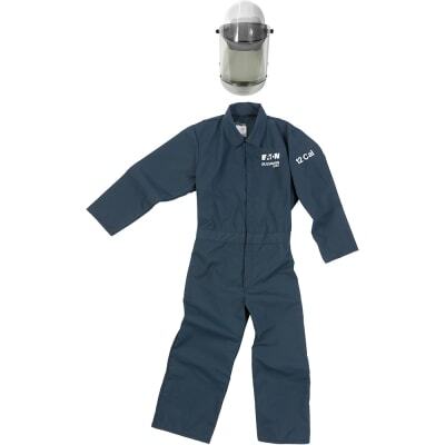 Eaton Bussmann series PPE 12 cal set, navy, medium, PPE 70E inherently flame resistant fabric kit including hard cap, shield balaclava coveralls, and storage bag, flame resistant fabric kit
