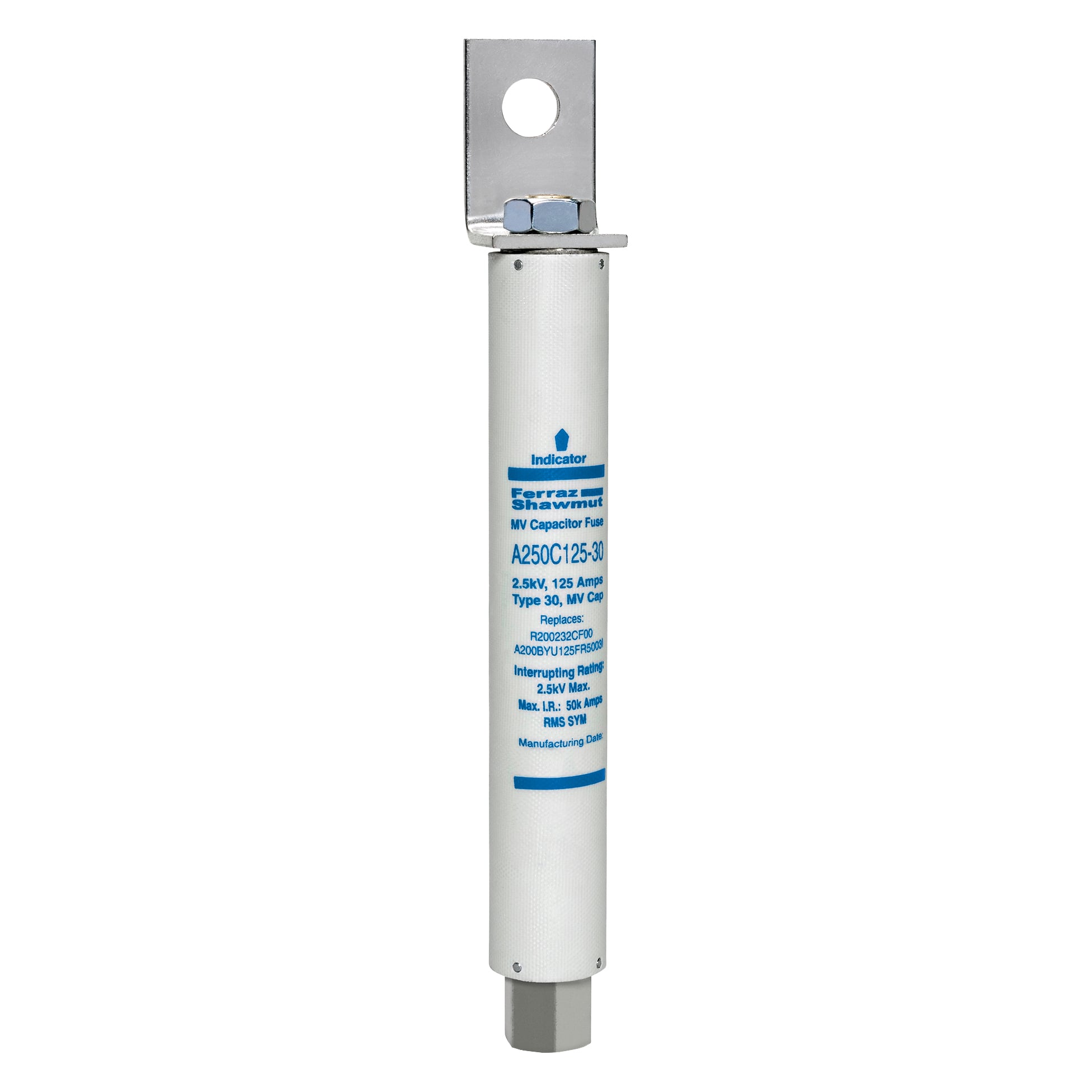 A250C125-30 Amp-Trap Type 30 Medium Voltage Capacitor Fuse, 125 A, 2.5 kV AC, 50 kA Interrupt, Ferrule Body