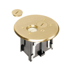 Round Cover Metallic adjustable floor box. Brass with threaded plugs. Includes tamper resistant duplex receptacle, cover plate with gasket and Arlington NM94 connector and Arlington NM900 knockout plug.