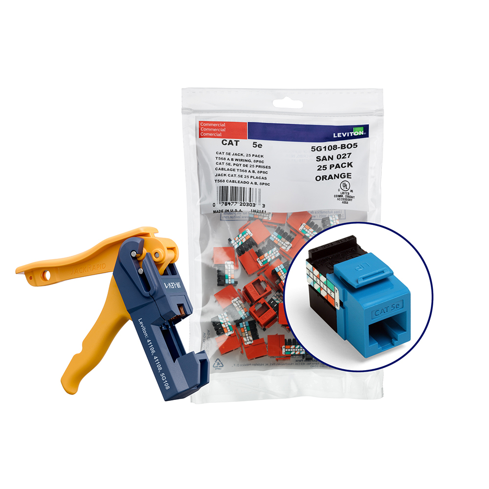 5G108-JL5 GigaMax QuickPort 8-Conductor 8-Position UTP Jack/Connector With JackRapid Punchdown Tool, Cat 5e Module, Flush Mount, 1 Ports, Plastic, Blue