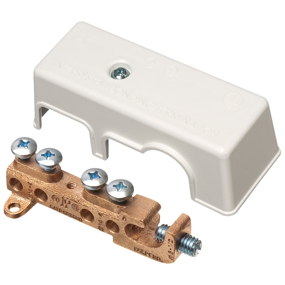 Intersystem grounding bridge, has 4 termination points, one more than required by the NEC. Cable range 4 termination points for #4 to #14 solid or stranded. Attaches to grounding conductor with lay in style lug with a cable range of #6 to #1/0 grounding wire solid or stranded. Bronze with white Cover.