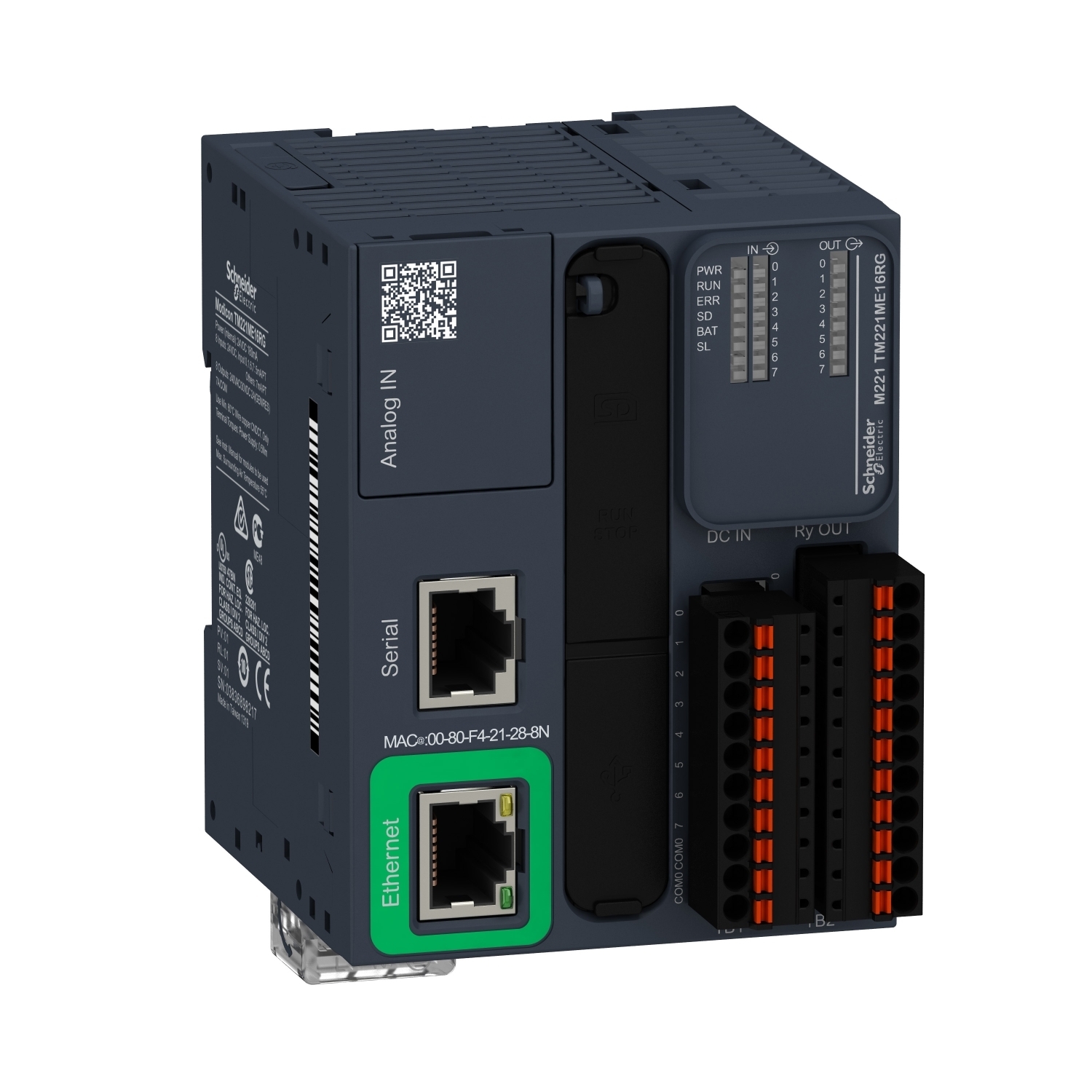 TM221ME16RG Modicon M221 Logic Controller With Realtime Clock, 24 V DC, 7 mA Discrete Input/5 mA Fast Input, 8 Discrete/2 Analog Inputs, 8 Relay Outputs