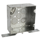 Two Gang Square Box, 42 Cubic Inches, 4-11/16 Inch Square x 2-1/8 Inch Deep, 1/2 Inch, 3/4 Inch, and 1 Inch Knockouts, Galvanized Steel, Welded Construction, Flat Bracket and Four Tapped Ears, For use with Conduit