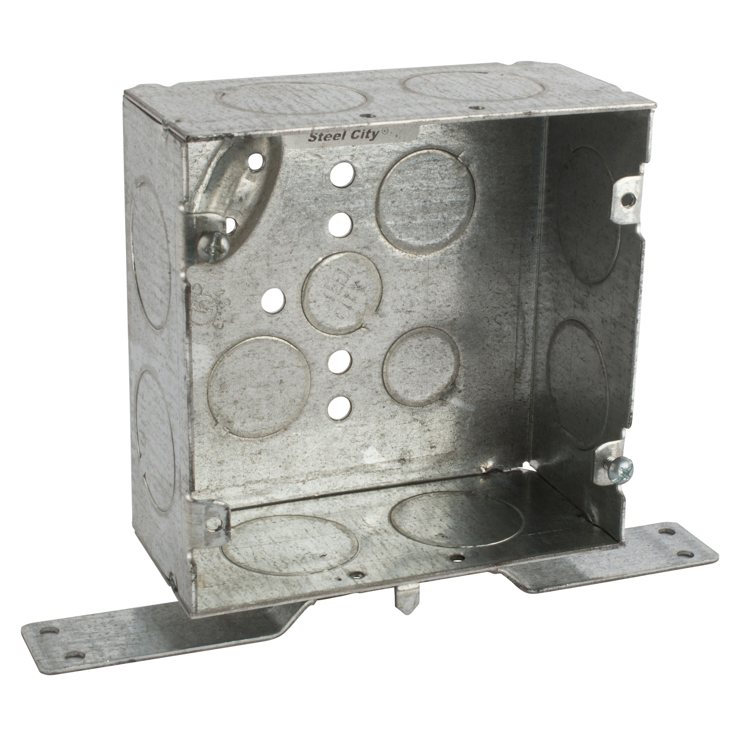 5-SDW-FB-1 Steel City Outlet Box, Steel, 42 cu-in Capacity, 2 Gangs, (2) Outlets, (9) Knockouts, 4-11/16 in H x 4-11/16 in W x 2-1/8 in D