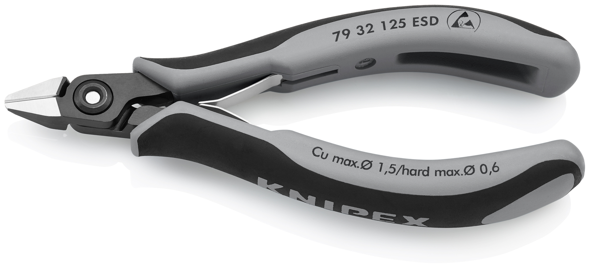 Electronics Diagonal Cutters-ESD Handles, 5 in., Multi-Component, Polished, Semi-Flush with very Small Bevel Cut, Tapered, Up to 1/64 in. Hard Wire