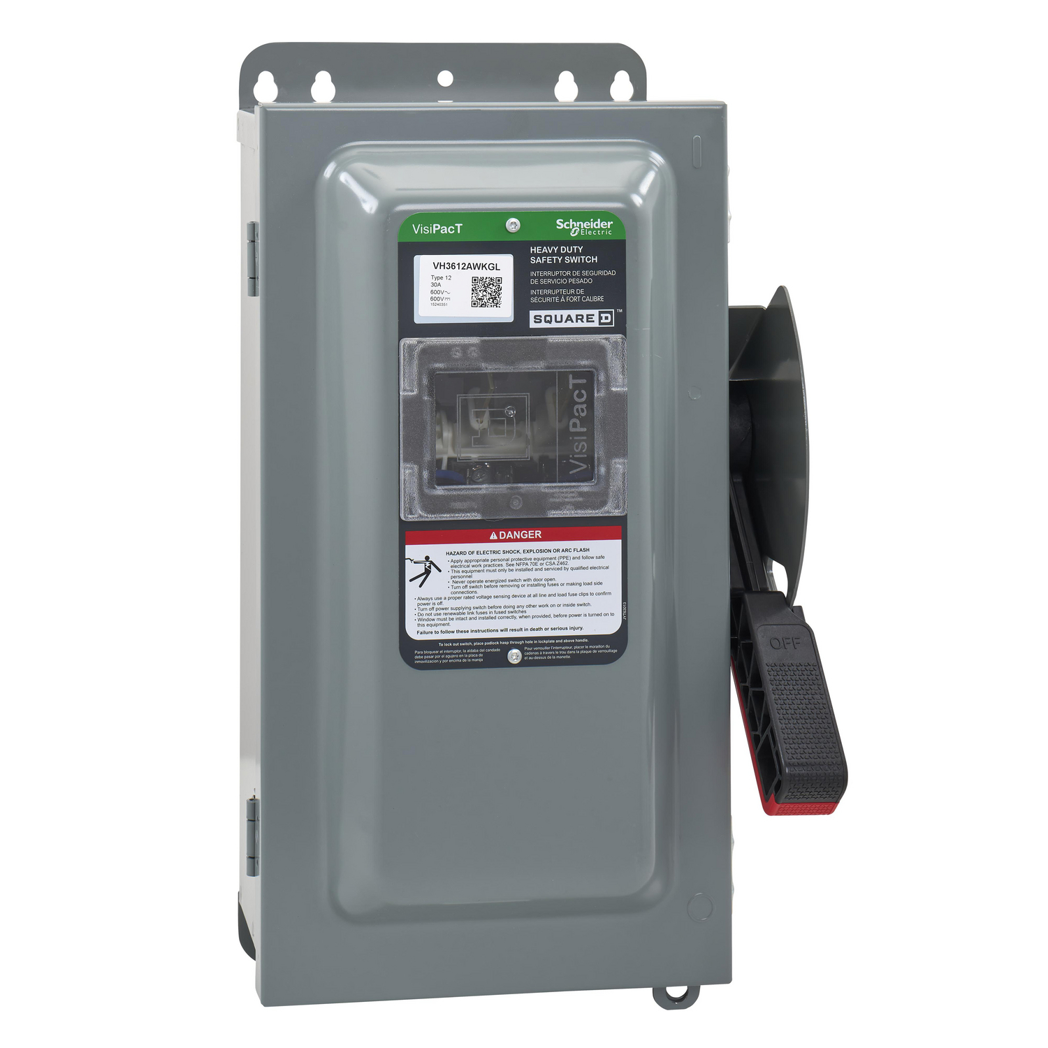 VH3612AWKGL Heavy Duty Single Throw Safety Switch, 600 V AC, 30 A, 7.5 hp at 600 V AC 3-Phase, 20 hp at 600 V AC 3-Phase, 15 hp at 600 VDC, 3 Poles