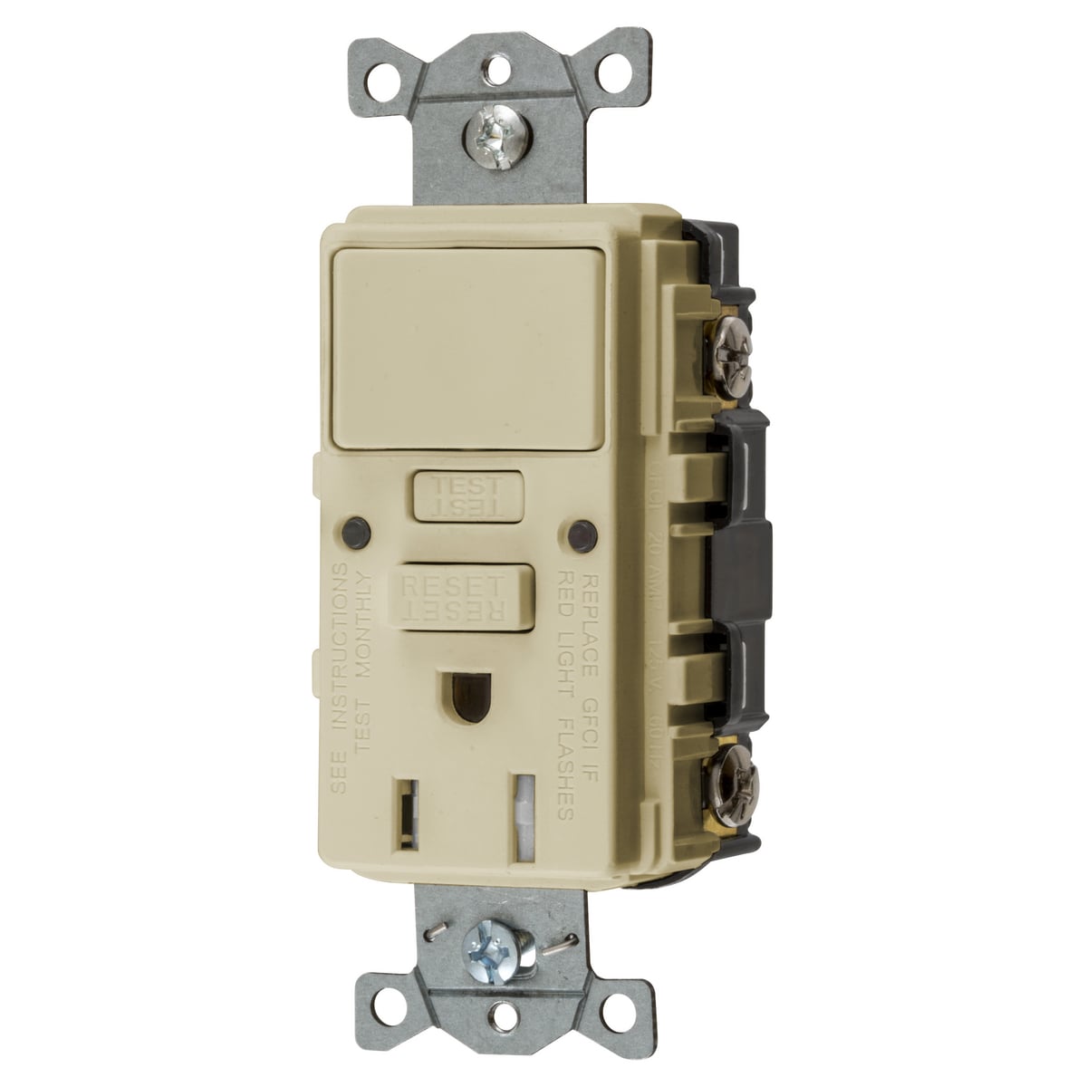 GFSPST15I 1-Phase Auto Grounding Duplex Heavy Duty Self-Test Tamper Resistant Standard Screw Mount GFCI Receptacle With 1-Pole Combination Switch, 125 V AC, 15 A, 2 Poles, 3 Wires, Ivory